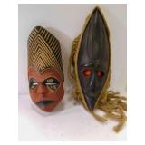 Vintage Wood African Mask With Hair & Tribal