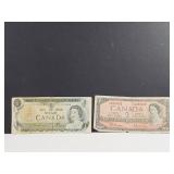 Canadian 1954 $2.00 & 1973 $1.00 Dollar Bill