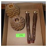 RESIN PINECONE CANDLE HOLDERS, OWL CANDLESTICKS
