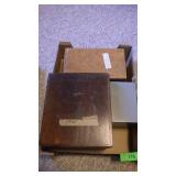 2 VINTAGE WOODEN INDESX FILE BOXES, 1 METAL INDEX>