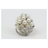 LARGE 14K PEARL & DIAMOND CLUSTER RING