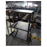 Black mobile AV cart with 3 shelves, 28 " wide x