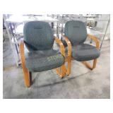 Wood frame guest chairs with green fabric, gold