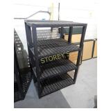 2 sections of Rubbermaid black plastic shelving,