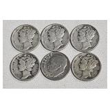 5 Mercury Dimes -1941 P, 1942P, (2) 1944P, 1945P&