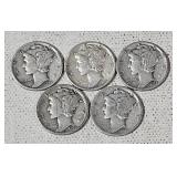 5 Silver Mercury Dimes-  1937 P, 1944 S, (2) 1944D