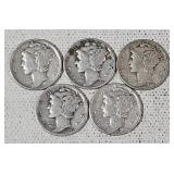 5 Silver Mercury Dimes - 1944 D,  (4) 1945 D