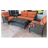 11 - PATIO SETTEE, CHAIRS, COFFEE TABLE & CUSHIONS