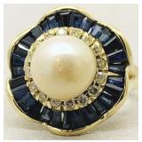 14KT YELLOW GOLD PEARL/SAPPHIRE/DIAMOND RING