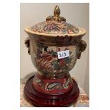 313 - ASIAN SATSUMA JAR W/ LID ON WOOD STAND (L50)