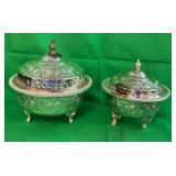 F - 2 SILVER-TONE FOOTED BOWLS W/ LIDS MAX 7.5"T (