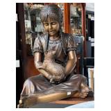 F - BRONZE GIRL HOLDING CAT LIFE-SIZE SCULPTURE