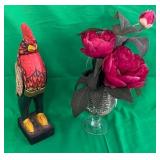 F - FOLK ART ROOSTER & VASE W/ FAUX FLOWERS (J35)