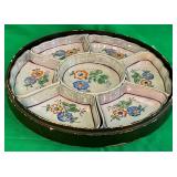 F - HAND PAINTED DIVIDED DISH W/ WOOD TRAY (J7)