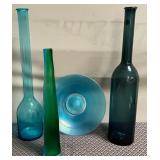 78 - 3 ART GLASS BOTTLE VASES & DECOR PLATE (F80)