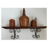 F - LEATHER WRAPPED JUG & GLASSES W/WALL SHELF