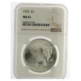 1922 MS61 Peace Silver Dollar