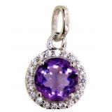 Round Genuine Amethyst Halo Designer Pendant