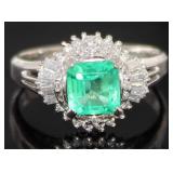 Platinum 1.30 ct Natural Emerald & Diamond Ring