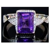 Emerald Cut 4.11 ct Natural Amethyst/Diamond Ring