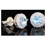 Genuine Swiss Blue Topaz Halo Designer Earrings