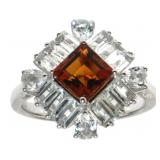 Asscher Cut Natural Amber & White Zircon Ring