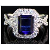 Emerald Cut 3.02 ct Sapphire & VS Lab Diamond Ring