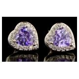 Amethyst & White Topaz Halo Heart Stud Earrings