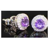 Round Genuine Amethyst Halo Designer Earrings