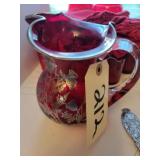 RUBY RED PITCHER & 8 CANDLE HOLDERS