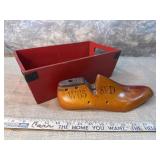 Vintage wooden shoe form & wooden bin