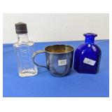 (3)Glass Bottle, Silver Cup, & Blue Flask Trio