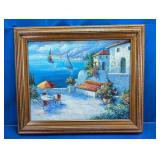 (1) Framed Oil Painting of Mediterranean Terrace