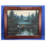 (1) Framed Oil Painting of Canoe on a Forest Lake