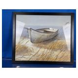 Framed Coastal Rowboat Painting