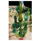 9 Pcs. Green Glass, 4 Vases, Keroksene Lamp