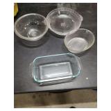 4 PYREX DISHES - PIE PLATE - MIXING BOWL - 2 BAKING DISHES