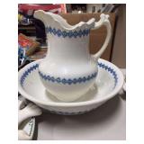 VINTAGE BLUE AND WHITE WARRANTED PITCHER AND BOWL W.M.CO.