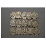 Fifteen (15) 90% Silver Franklin Half Dollars,