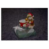 VINTAGE BEACON HILL CHRISTMAS GIRL STOCKING FIGURINE BISQUE CERAMIC CANDLE HOLDER - COASTER SET