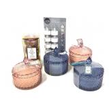 4 True Living Scented Candles w/ Candy Dish, Tins+