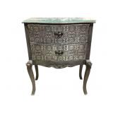 Silvered Wood 2 Drawer Side Table w Glass