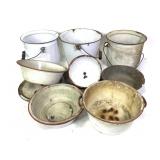 7 Pc..White Enamelware Buckets, Bowls, Funnel+