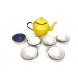 2 Enamel  Teapots & Small Blue Swirl Bowls