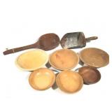 Lot of VTG Wooden Ware Bowls Ladle & Tin Scoop