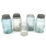 5 Clear & Blue Canning Jars Root, Swayzees, Drey +