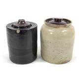 2 Stoneware Glazed Jars Gray, Brown + Lids