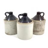 3 Glazed Stoneware Gallon Jugs Brown & White