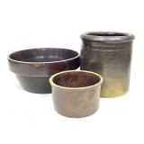 3 Brown Glazed Stoneware Crocks & Bowl