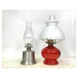 2 Vtg Oil Lamps - Red & Metal